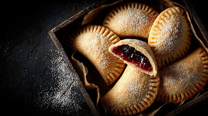 Raviole di San Giuseppe Shortcrust pastries filled with jam in a pastry box placed at the center of a dark textured background