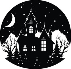 House silhouette on a hill in the woods at night with moon and spooky Halloween atmosphere