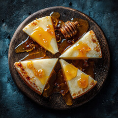 Pecorino con Miele Aged Pecorino cheese served with honey drizzle on a wooden board placed at the center of a dark textured background