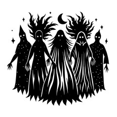 Scary Halloween fashion silhouette illustration with a dancing woman in vintage style