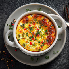 Sformato di Verdure Baked vegetable flan with eggs and cheese in a ramekin placed at the center of a dark textured background