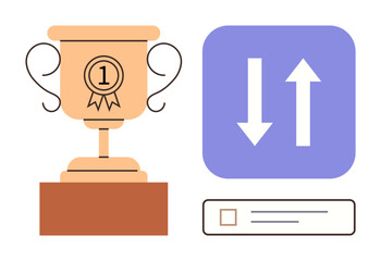 Golden first-place trophy with ribbon badge, upward and downward arrows, and task selection bar. Ideal for success, ranking, competition, performance, goals recognition achievement. Simple flat