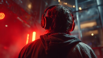 A person wearing headphones stands in a dimly lit, red-hued environment, possibly a music venue or club.