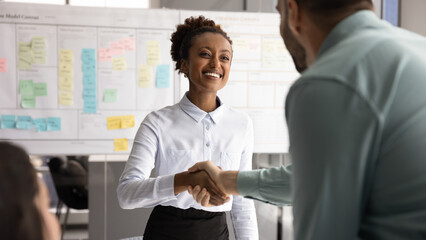 Smiling African female team leader and male colleague or client shaking hands during meeting in...