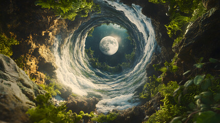 Surreal lunar tunnel nature scene showing lush greenery cloudy sky and the bright full moon