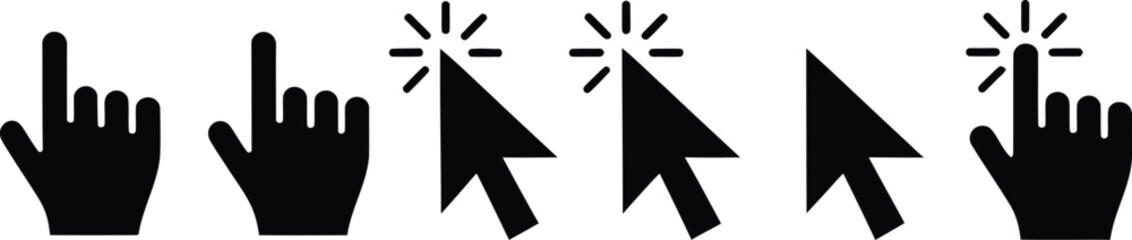 Fototapeta premium Collection of black computer mouse cursors and hand pointers on a white background