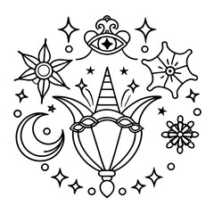 Vintage vector illustration of a black heraldic Christmas ornament with snowflakes and stars,...