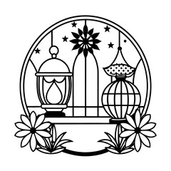Flower vector design with a vintage bird in cage illustration
