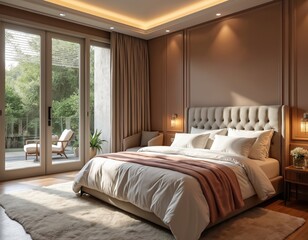 Luxurious bedroom with plush king-size bed, soft bedding, plush rug. French doors open to garden views, offering serene retreat. Elegant interior design with ambient lighting creates comfortable,