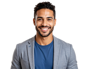 Portrait of a happy young Arab man wearing a blazer and blue t-shirt, smiling at the