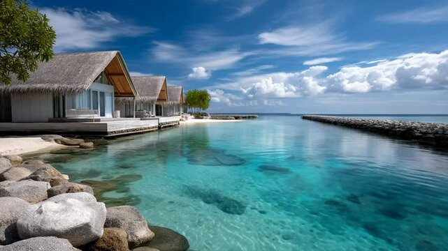 Idyllic beachfront villas with turquoise waters evoke a tropical paradise, perfect for relaxation, vacation, and luxury travel emphasizes serenity and exclusivity