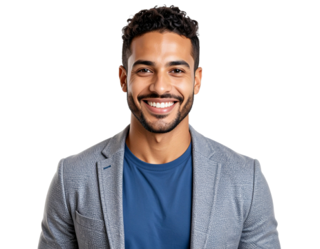 Portrait of a happy young Arab man wearing a blazer and blue t-shirt, smiling at the