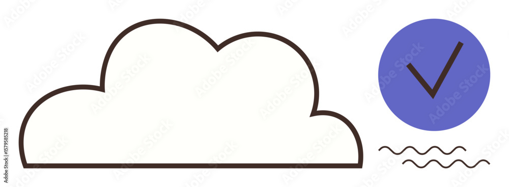 Aufkleber cloud symbol with bold blue circle check mark and wavy lines below. ideal for cloud computing, data 