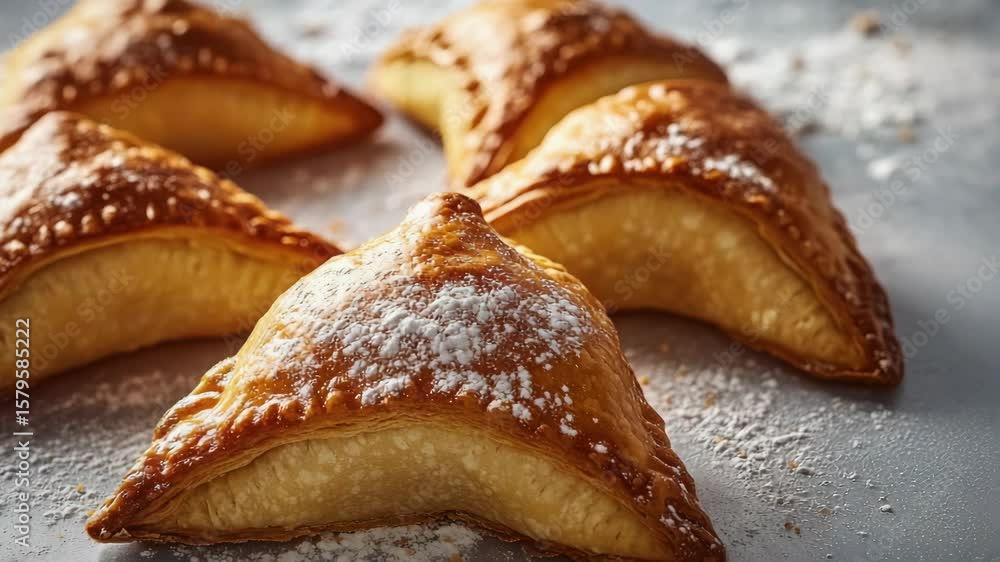 Poster a row of pastries with powdered sugar on top. they are all the same shape. there are six of them