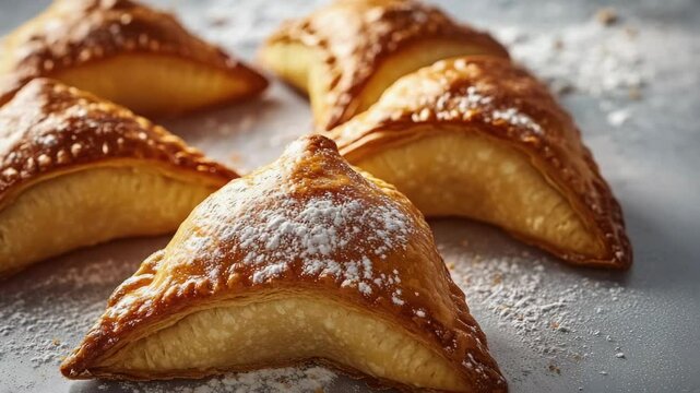 A row of pastries with powdered sugar on top. They are all the same shape. There are six of them