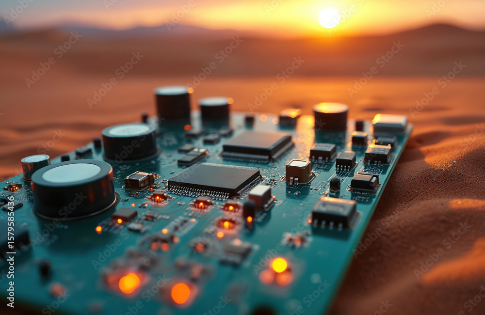 Poster circuit board with glowing components rests on sand dunes during desert sunset. futuristic electroni