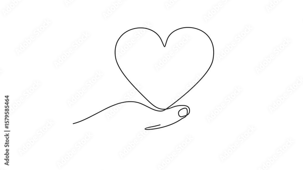 Poster animated self drawing of continuous line draw of hand holding heart. concept of love relationship an