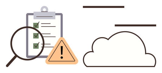 Magnifying glass over checklist with warning sign beside cloud emphasizes quality control, risk assessment. Ideal for compliance, inspection, audit, data safety, cloud computing, risk management