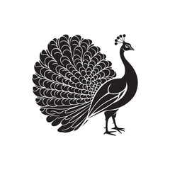 Fototapeta premium Stylish black silhouette of a peacock with detailed feathers - Elegant Black Bird Illustration for Logo, Decoration, and Art Design