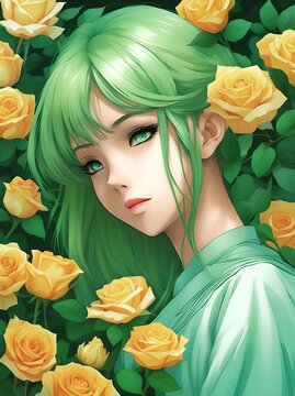 A lovely emerald-haired girl with captivating eyes surrounded by bright yellow roses