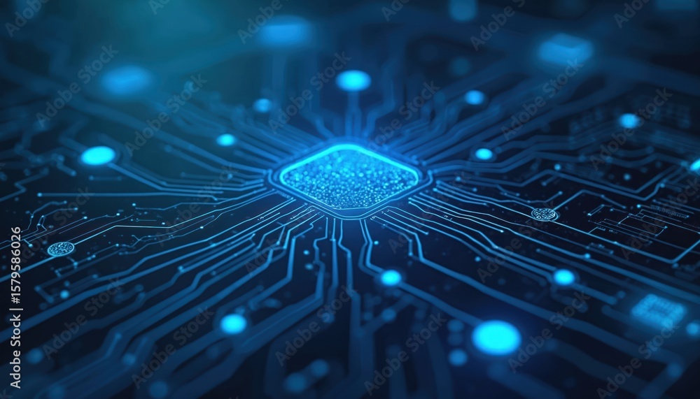 Poster abstract close-up of glowing blue circuit board lines, nodes. represents advanced technology, data f