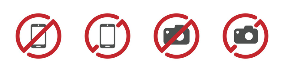 No photos allowed signs. No camera or phone photography vector icon