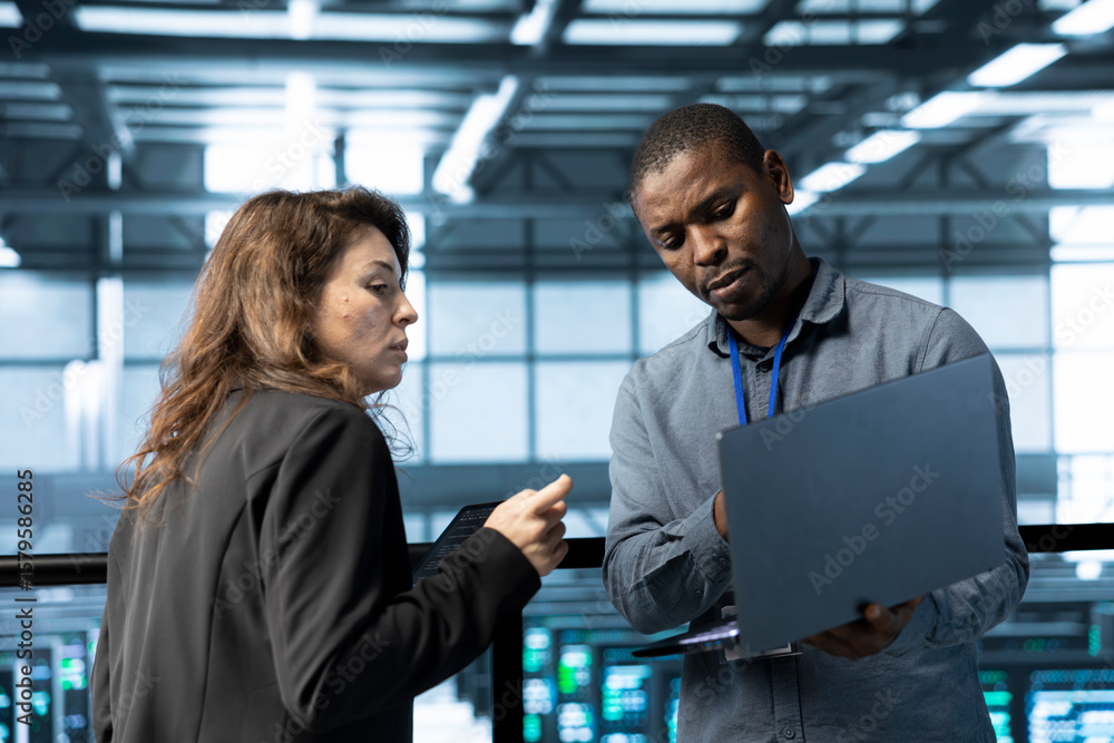 Aufkleber woman and admin using laptop in data center, managing server virtualization. it specialist and afric