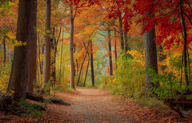 Fototapeta premium A picturesque autumn forest with colorful flowers, a winding path leading through the trees