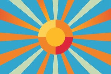 Bright, retro sun rays form a vibrant yellow and orange circle pattern, perfect for a summer-themed vector illustration