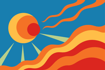 A colorful vector illustration of a beach scene features a beach ball on the sand and sea, with a surfboard amidst orange and yellow summer waves, creating a vibrant backdrop