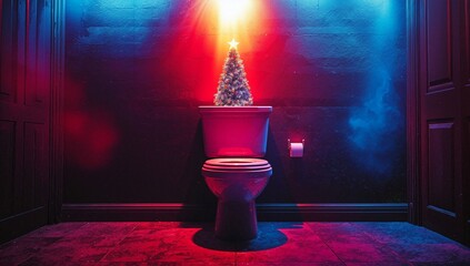 A toilet with a mini Christmas tree on the tank glows under surreal red and blue neon lights, blending festive decor with an unexpected, moody bathroom setting.