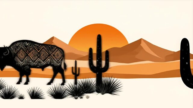 Bison silhouette with pattern against a desert scene sunset
