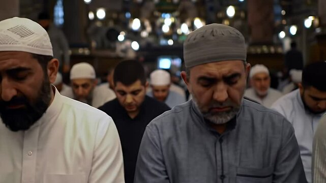 Dimly Lit Crowded Mosque During Ramadan Featuring Men in Traditional Muslim Attire and White Caps at Eye Level