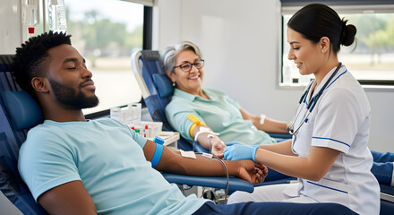 People donating blood inside a mobile donation unit