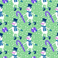Christmas cartoon ice seamless snowman pattern for wrapping paper and fabrics