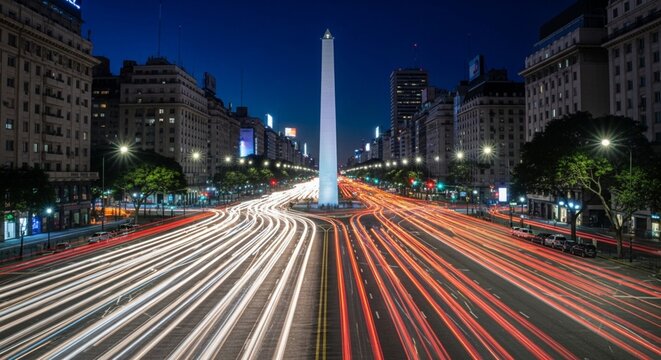 Buenos Aires night view of Avenida 9 de Julio &ndash; Long exposures of cars and illuminated obelisk.