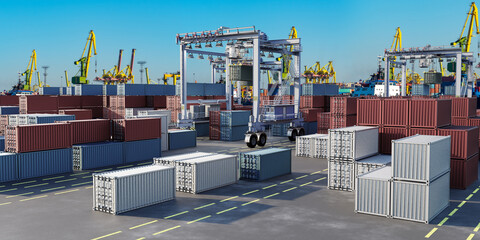 Container port with stacked cargo, cranes, and handling equipment under clear sky. Busy shipping...