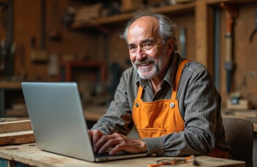 Elderly carpenter with bold moustache works on laptop in workshop. Small business owner uses technology for craft. Man in apron smiles using computer for wood carving, design, or repair. Expertise.