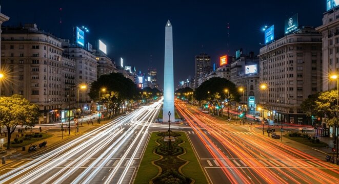 Buenos Aires night view of Avenida 9 de Julio &ndash; Long exposures of cars and illuminated obelisk.