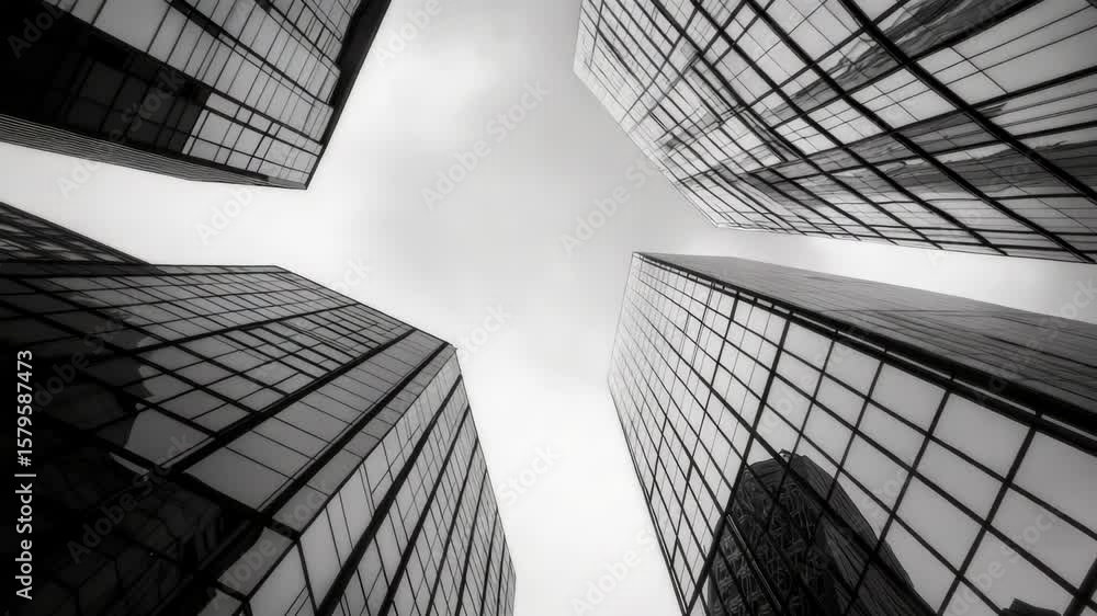 Poster three skyscrapers with large windows are visible in the sky, with a cloudy backdrop. the buildings a