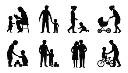 Diverse family silhouettes showcasing parenting activities and childhood moments.