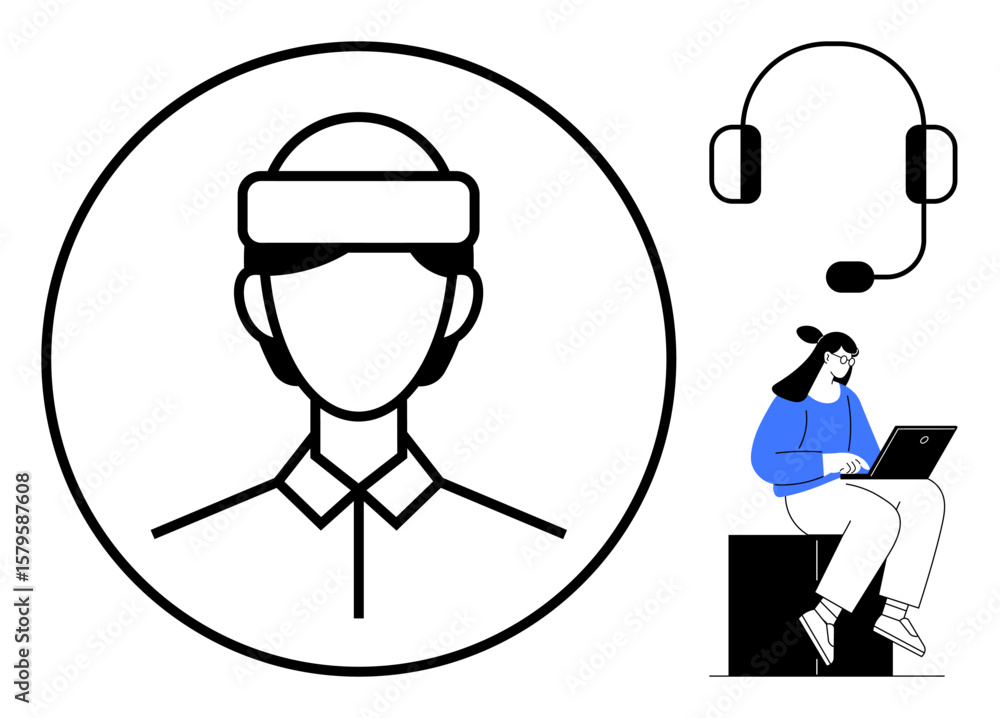 Poster user profile icon with call center headset and worker on laptop, highlighting communication and tech