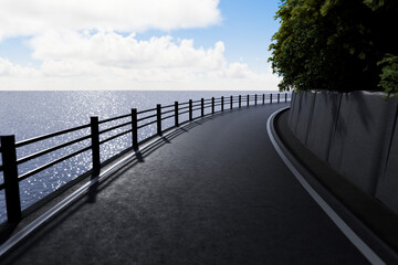 太陽光がキラキラ海面に反射するガードレールがある海沿いの道
