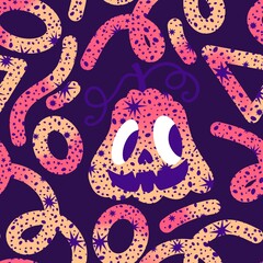 Autumn harvest vegetable seamless monster Halloween pumpkins pattern for wrapping paper and fabrics