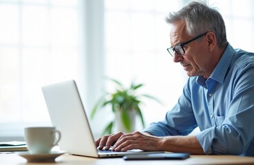 Fototapeta premium Mature man in blue shirt, glasses, using laptop at desk with coffee cup. Focused on work, research, or study. Home office setting, remote work lifestyle.