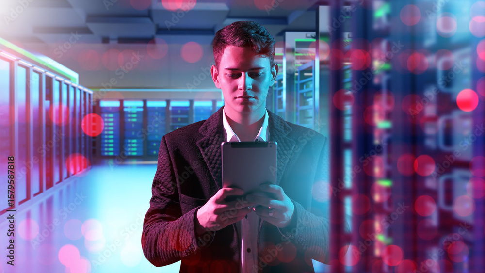 Poster man system administrator. director of data center among servers. system administrator with tablet co
