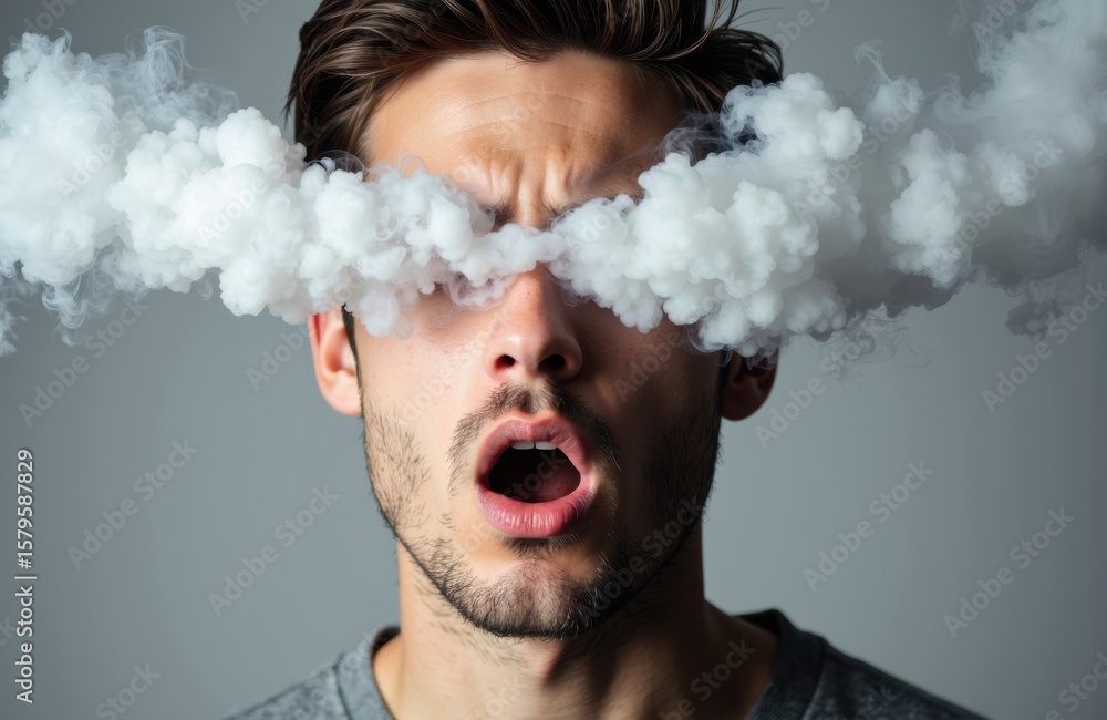 Poster man with a cloud of vapor covering his eyes creating a surreal and expressive visual effect