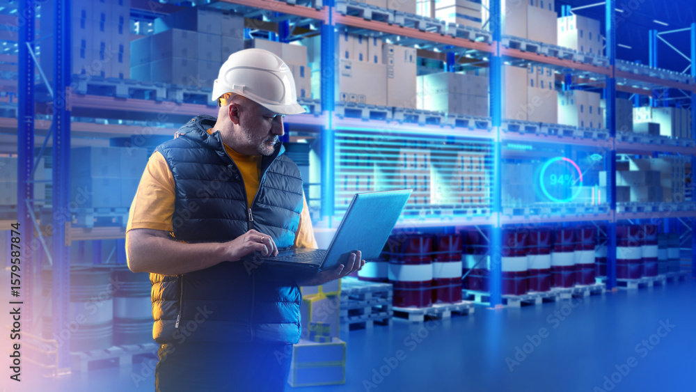 Poster man with laptop standing in warehouse. checking storage balances via computer. warehouse digitalizat