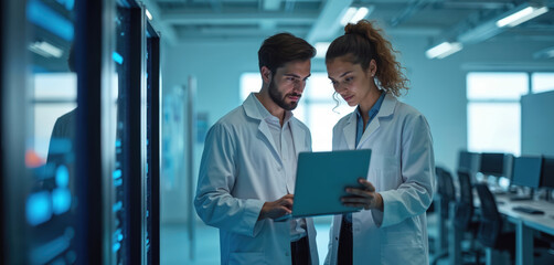 Fototapeta premium Male, female engineers collaborate on artificial intelligence software development in high-tech research office. Analyze data on laptop, discussing project progression, future steps for AI systems.