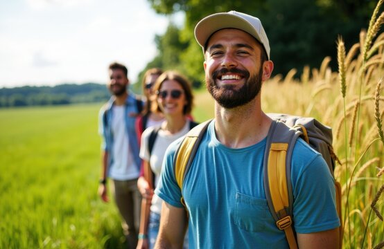 Smiling man with a backpack leading a group of friends on a nature walk in a grassy field